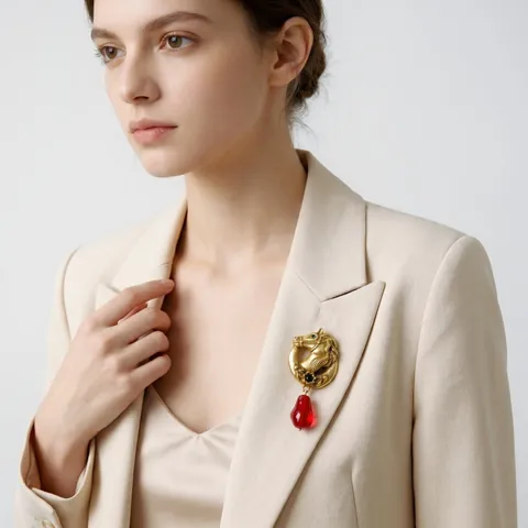 Vintage Palast Stil Pferdekopf Brosche Damen Vergoldete Legierung Roter Strass Kristall Anhänger Exquisite Anzug Pin Schmuck