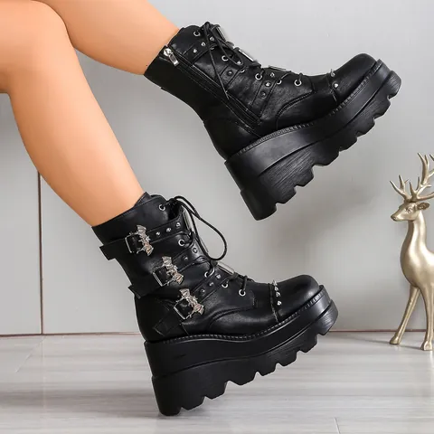 Women Gothic Punk Martin Boots Platform Bat Buckle Studded Ankle Boots Thick Sole PU Leather Side Zipper Lace-up Boots