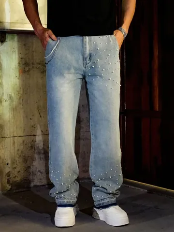 Men Streetwear Light Blue Straight Leg Jeans Heavy Bead Rhinestone Pearl Chain Distressed Washed Denim Pants Plus Size For Men