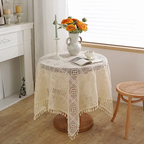Mantel de Ganchillo Pastoral Americano Calado con Borla Beige Algodón Rectangular Cubierta de Mesa de Comedor Cubierta de Piano Decoración del Hogar