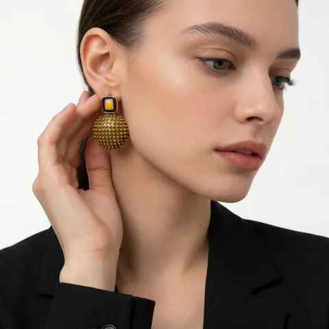 Pendientes de Botón Geométricos de Esmalte Vintage para Mujer Retro Aleación de Zinc Oro Relieve Lunares Joyería Redonda Con Poste Plata 925