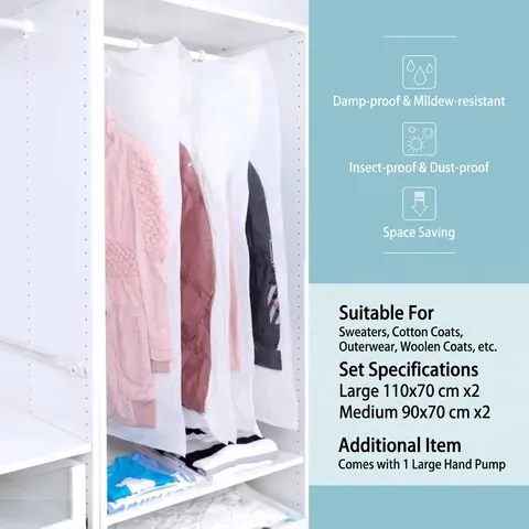 Hanging Vacuum Storage Bags For Clothes Wardrobe Space Saving Transparent Compression Seal Bags For Suits Coats Jackets
