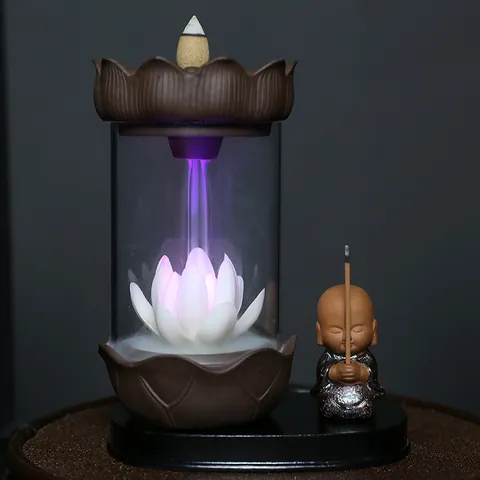 Zen Little Monk Lotus Backflow Incense Burner With LED Light Windproof Glass Cover Painted Ceramic Incense Holder Home Office Decor