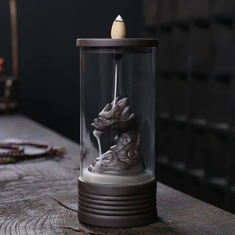 Quemador de Incienso de Reflujo de Dragón Vintage Con Cubierta de Vidrio a Prueba de Viento Incensario de Arcilla Púrpura de Dragón Decoración Zen para el Hogar Regalo de Aromaterapia