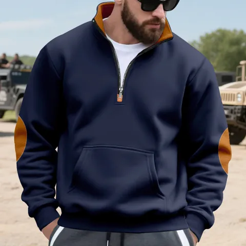 Men Heavyweight Fleece Lined Stand Collar Sweatshirt American Loose Half Zip Pullover With Color Block Elbow Patch Top