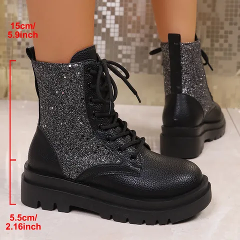 European American Sequin Platform Martin Boots For Women Plus Size Round Toe Lace Up Fashion Chunky Heel Glitter Short Boots