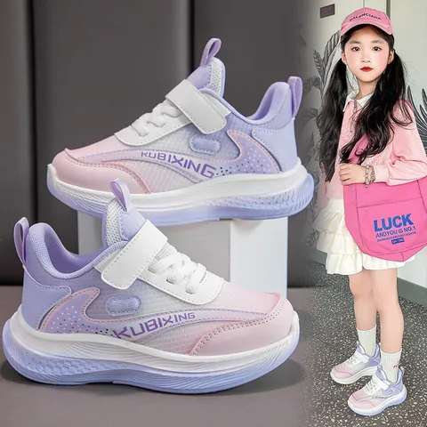 Baskets de Sport pour Filles Mesh Respirant Cuir PU Chaussures de Course Légères Casual Dad Shoes pour Enfants Étudiants