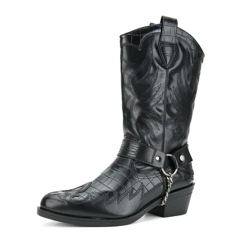 Men's Dark Rock Western Cowboy Boots Crocodile Pattern Metal Chain Buckle Mid Calf Boots Pointed Toe Chunky Heel Knight Boots