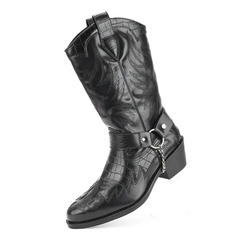 Men's Dark Rock Western Cowboy Boots Crocodile Pattern Metal Chain Buckle Mid Calf Boots Pointed Toe Chunky Heel Knight Boots