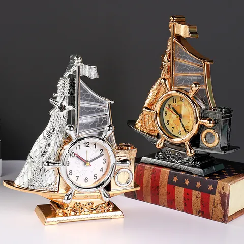 Reloj Despertador Creativo con Forma de Velero Adorno de Escritorio de Resina Con Portaplumas Reloj Náutico Retro Para Decoración