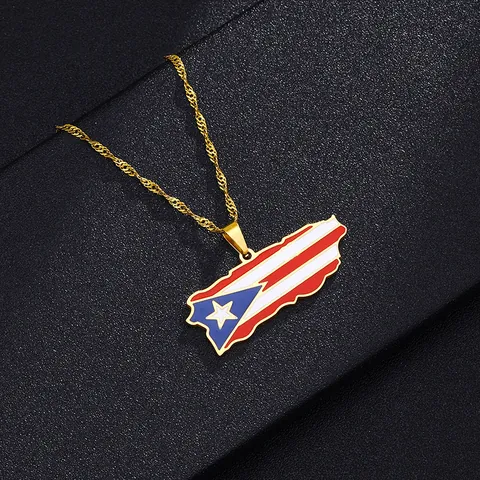 Collar con Colgante de Mapa de Puerto Rico Acero Inoxidable Goteo de Aceite Bandiera Diseño de Corazón Estilo Étnico Joyería para Mujer Hombre