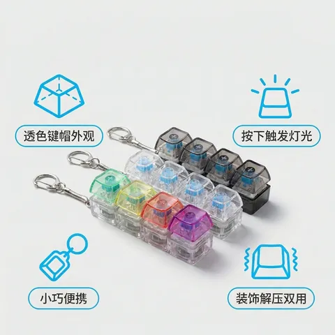 4-Key Mechanical Keyboard Switch Keychain High Transparency PC Stress Relief Toy LED Light Up Linear Fidget Keychain For Office School Gift