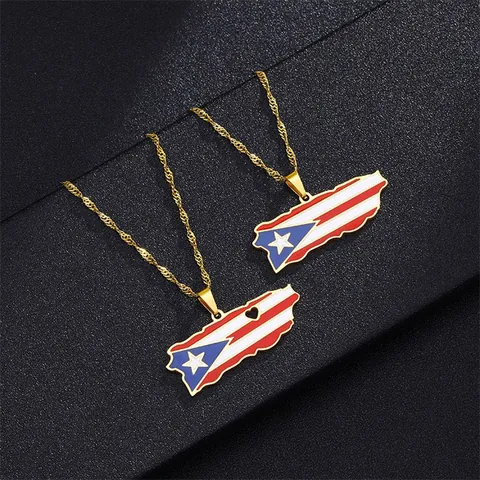 Collana con Ciondolo Mappa Porto Rico Acciaio Inossidabile Goccia d'Olio Bandiera Design Cuore Stile Etnico Donna Uomo Gioielli Souvenir