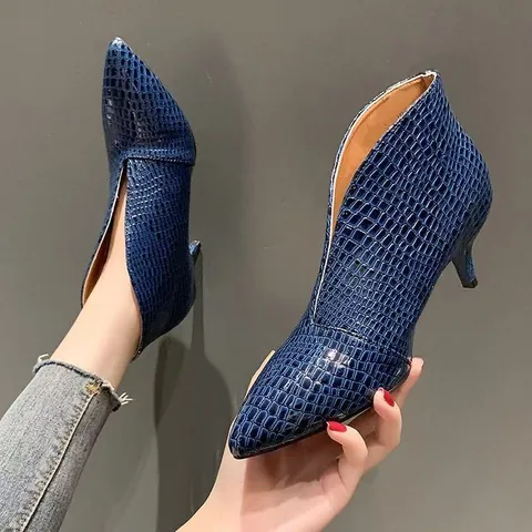 Botines de Mujer con Punta Estrecha y Boca en V de Charol Microfibra Estampado de Serpiente Tacones Altos Moda Otoño