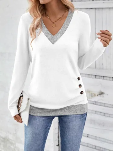 Women Color Block V-Neck Patchwork Long Sleeve Top Casual Buttons Decoration Polyester T-Shirt Comfortable Vacation Leisure Clothes