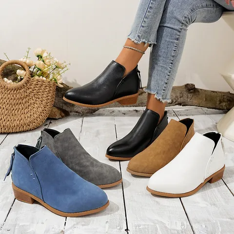 Dames Mode Spitse Neus Lage Blokhak Enkellaarsjes Effen Kleur Achterrits Microvezel Leer Casual Schoenen