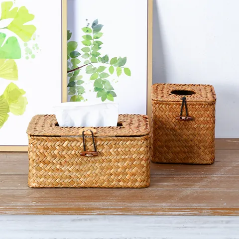 Handwoven Straw Tissue Box Cover Holder Rectangular Seagrass Napkin Case With Wooden Button For Car Home Living Room Decor