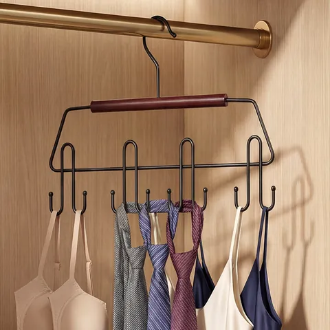 Multi-functional Metal Iron Art Wardrobe Hanger With Wood Bar Multi-hook Storage Rack For Ties Camisoles Underwear Bags Organizer