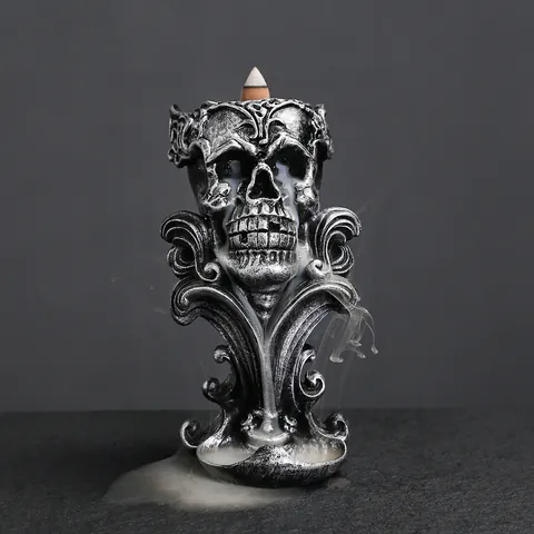 Gothic Skull Holy Grail Backflow Incense Burner Resin Antique Silver Finish Mysterious Smoke Waterfall Home Decor Ornament
