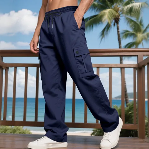 Men's American Retro Loose Cargo Pants Multi-Pocket Casual Amekaji Straight Leg Work Trousers With Drawstring Waist Polyester