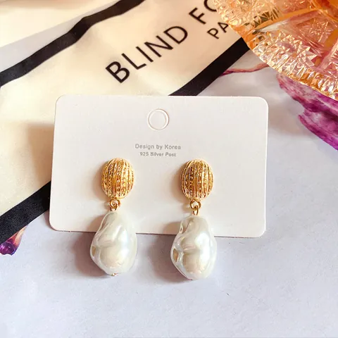 Pendientes Largos de Perla Artificial Barroca Vintage Francés Con Poste de Plata de Ley 925 Pendientes de Perla Irregular Chapados en Oro para Mujer