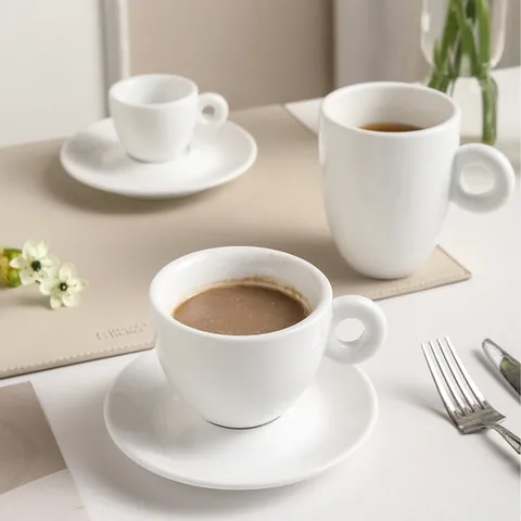 European Minimalist Ceramic Coffee Mug Espresso Cup Saucer Set Thickened White Porcelain Milk Cup With Large Round Handle High Appearance Cafe Home Office