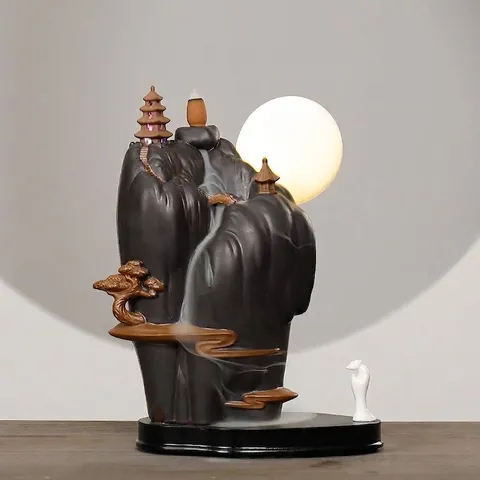 Ceramic Backflow Incense Burner With LED Moon Zen High Mountain Flowing Water Waterfall Incense Holder Home Decor Ornament