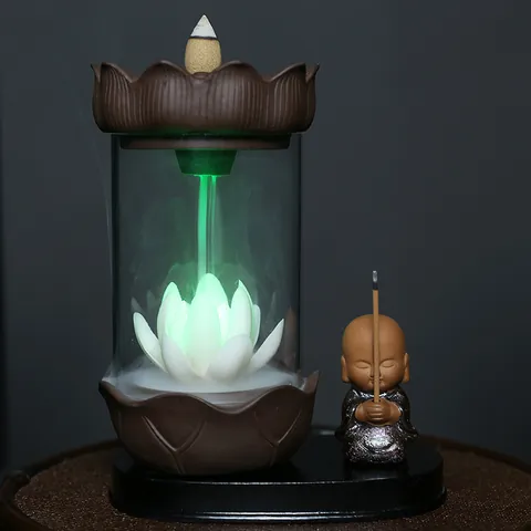 Zen Little Monk Lotus Backflow Incense Burner With LED Light Windproof Glass Cover Painted Ceramic Incense Holder Home Office Decor