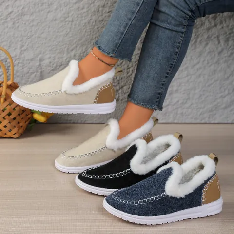 Bottes de Neige Chaudes d'Hiver pour Femmes Doublées de Fausse Fourrure Tige en Flanelle Intérieur en Peluche Semelle en Caoutchouc