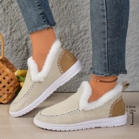 Bottes de Neige Chaudes d'Hiver pour Femmes Doublées de Fausse Fourrure Tige en Flanelle Intérieur en Peluche Semelle en Caoutchouc