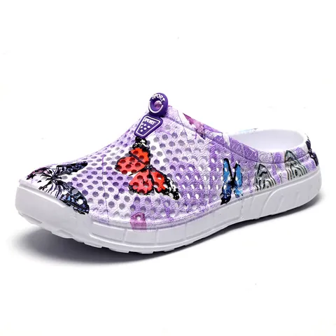 Women Butterfly Print Clogs Summer Outdoor Beach Sandals PVC EVA Breathable Hole Shoes Thick Sole Anti-Slip Casual Slippers