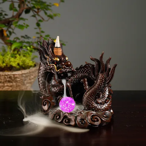 Quemador de Incienso de Reflujo de Resina Clásica Dragón Chino Con Luz LED Bola de Cristal Zen Cascada de Humo Decoración de Oficina