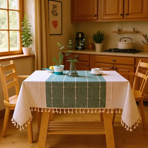 Nordic Plaid Embroidered Tablecloth Rectangular Polyester Table Cover With Tassels For Dining Room Kitchen Farmhouse Decor