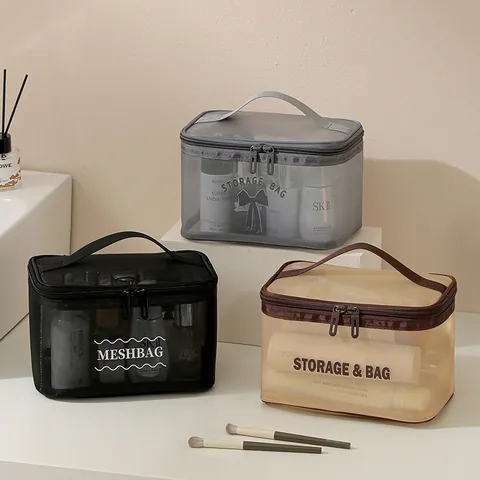 Large Capacity Mesh Makeup Bag Breathable Travel Toiletry Wash Bag Portable Minimalist Cosmetic Storage Case For Women