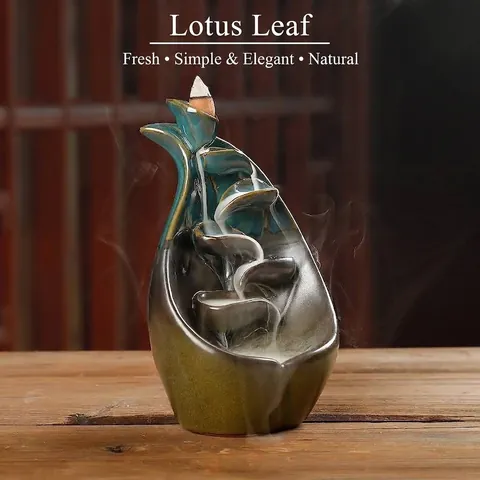 Ceramic Backflow Incense Burner Lotus Leaf Waterfall Incense Holder Blue Glazed Kiln Transmutation Zen Home Decor Burner