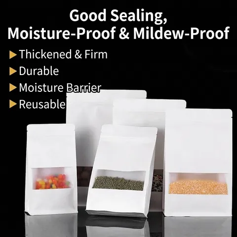 Frosted Kraft Paper Stand Up Pouch Eight Side Seal Self Sealing Packaging Bags With Clear Window For Food Tea Storage