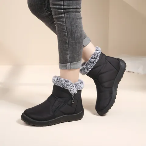 Women's Winter Snow Boots Waterproof Quilted Faux Fur Collar Side Zipper Warm Plush Lined Anti-Slip Flat Cotton Short Boots