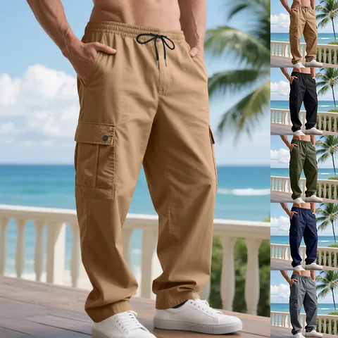 Men's American Retro Loose Cargo Pants Multi-Pocket Casual Amekaji Straight Leg Work Trousers With Drawstring Waist Polyester