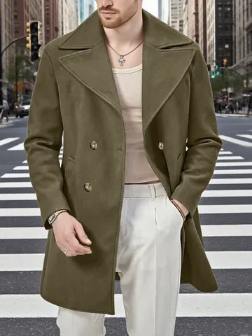 Men Double Breasted Mid Length Trench Coat Solid Color Lapel Overcoat European Style Casual Windbreaker Jacket Top