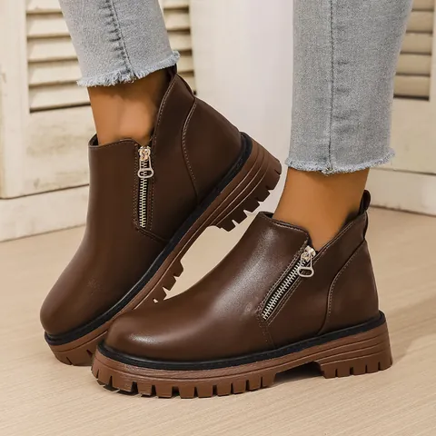 Women Retro Martin Boots Platform Chunky Heel Ankle Boots Side Zipper Brown PU Leather Rubber Sole Fashion Shoes For Outdoor