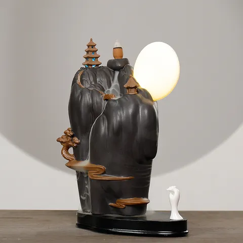 Ceramic Backflow Incense Burner With LED Moon Zen High Mountain Flowing Water Waterfall Incense Holder Home Decor Ornament
