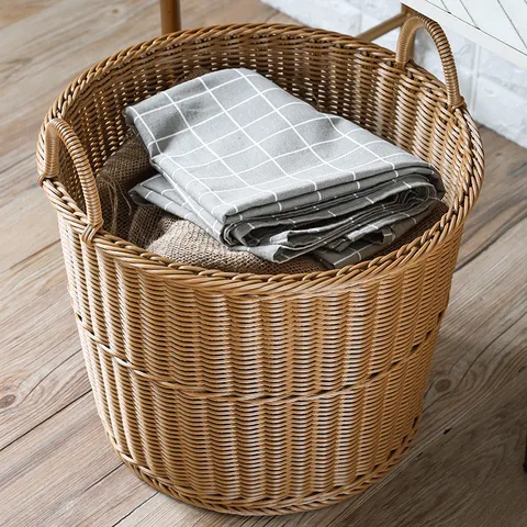 Grand Panier à Linge Tissé Imitation Rotin Bac de Rangement en Plastique Avec Doubles Poignées pour Vêtements Jouets Maison Organisation