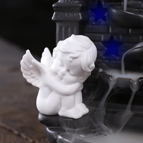 European Style Cupid Backflow Incense Burner Ceramic Angel LED Light Smoke Fountain Incense Holder Home Office Desktop Decor
