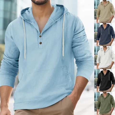 Men's Linen Blend Long Sleeve Hooded Henley T-Shirt Casual Loose Fit Pullover Top with Kangaroo Pocket Breathable Solid Color