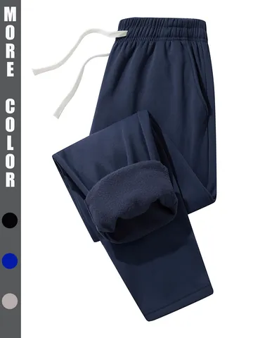 Men Fleece Lined Sweatpants Thick Warm Casual Sporty Jogger Pants Autumn Winter Solid Color Drawstring Waist Bottoms