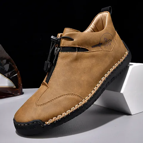 Men Outdoor Casual Boots Hand-Stitched Microfiber Leather Mid-Top Shoes Anti-Slip Rubber Sole Zipper Drawstring Leisure Boots