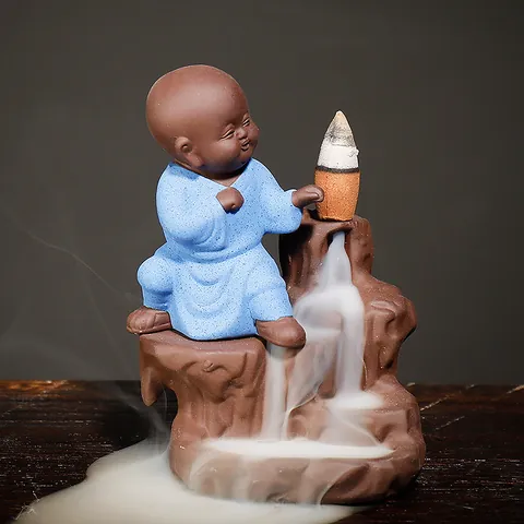Handmade Purple Sand Backflow Incense Burner Zen Little Monk Design Mountain Waterfall Smoke Fountain Home Decor Ornament