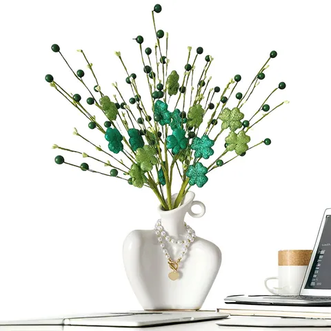 St Patrick's Day Artificial Shamrock Branch Green Glitter Clover Spray With Berries For Festival Home Party Decoration