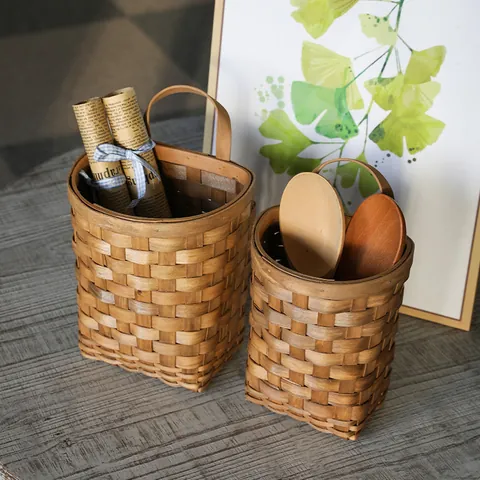 Hand-Woven Wooden Wall Hanging Storage Basket Retro Wood Slice Kitchen Organizer For Garlic Onion Makeup Brush Flower