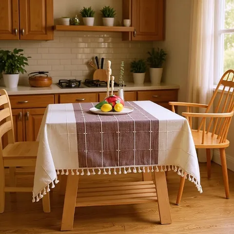 Nordic Plaid Embroidered Tablecloth Rectangular Polyester Table Cover With Tassels For Dining Room Kitchen Farmhouse Decor